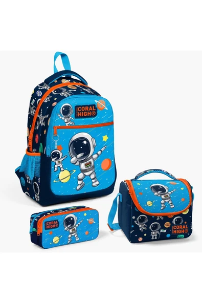 Lacivert Mavi Astronot Desenli 3’lü Okul Çanta Seti Ilköğretim Çantası, Beslenme Ve Kalem Çantası