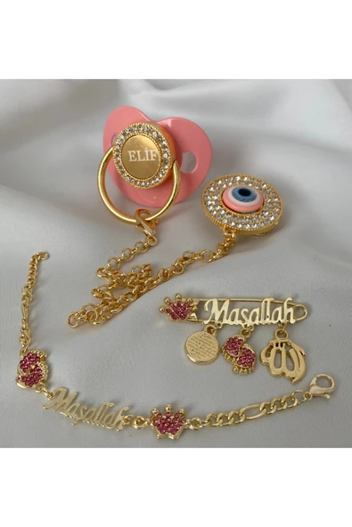 Altın Kaplama Nazar Boncuklu Zirkon Emzik Seti – Maşallah İğnesi & Bebek Künyesi Dahil - 3