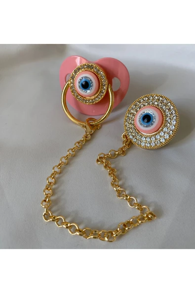 Altın Kaplama Nazar Boncuklu İsimli Emzik Zinciri Seti – Kişiye Özel Zirkon Taşlı Bebek Emziği - 3