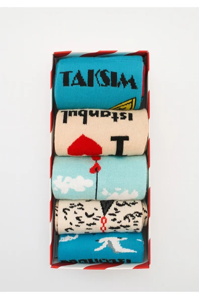 İstanbul Temalı 5’li Renkli Çorap Seti | Unisex Hediye Kutulu Çoraplar | Doğal Pamuk - 6