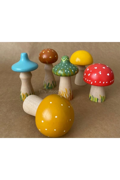Doğal Ahşap Mantar Oyuncak Seti 6 lı Eğitsel Oyuncak - Resim 2