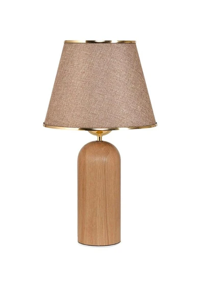 Silos Masif Ahşap Ayaklı Gold Detaylı Kumbeji Kumaş Şapkalı Dekoratif Abajur - Resim 3