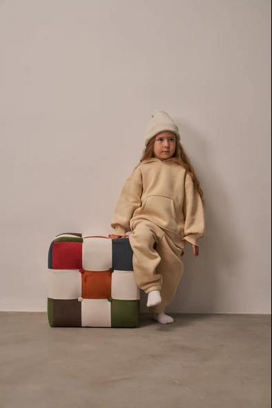 Bej Çocuk Kanguru Cepli Oversize Eşofman Takımı - Resim 2