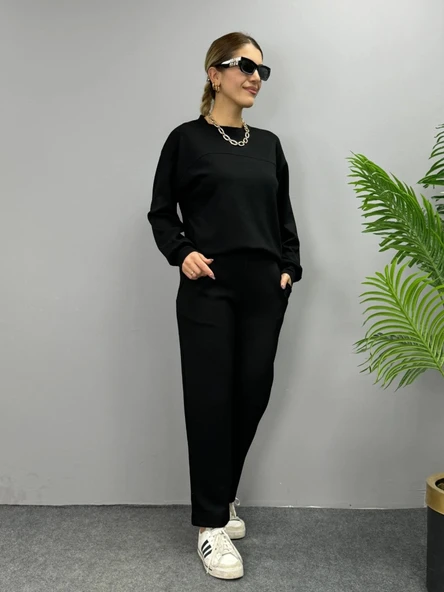 Kadın Uzun Kollu Bisiklet Yaka Viskon Iki Iplik Bluz Ve Pantolon Ikili Takım - Resim 5