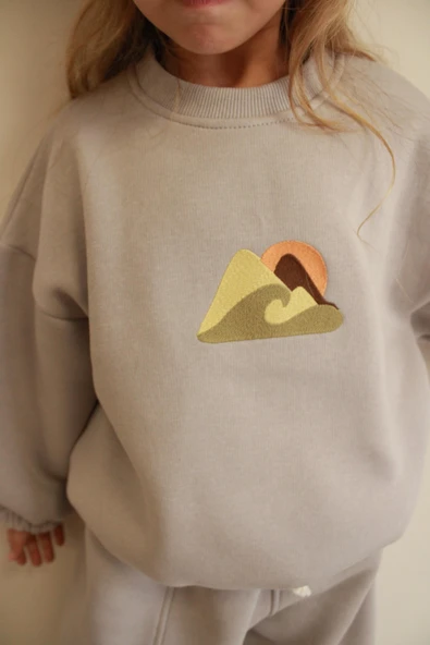 Taş Rengi Dağ Nakışlı Çocuk Alt Üst Takım - Resim 8