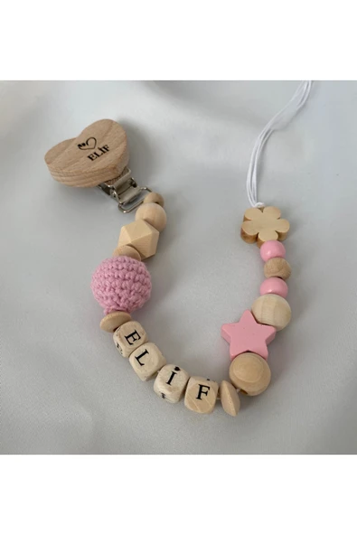 Doğal Ahşap Emzik Zinciri - İsimli Emzik Askısı Ahşap Emzik Zinciri Emzik Tutucu Bebek Hediyesi