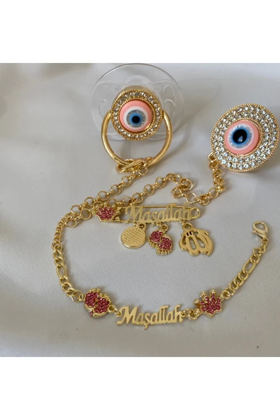 Altın Kaplama Nazar Boncuklu Zirkon Emzik Seti – Maşallah İğnesi & Bebek Künyesi Dahil - 10