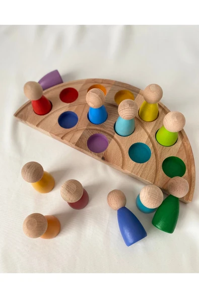 1 Yaş 12'li Waldorf Gökkuşağı Peg Bebek Tabla Seti Peg Bebek Renk Eşleştirme Ahşap Oyuncak - Resim 3