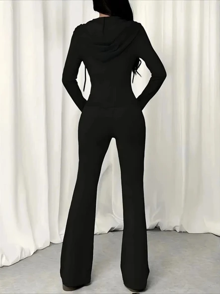 Kadın Uzun Kollu Kapşonlu Bağcıklı önü Fermuarlı Viskon Iki Iplik Bluz Ve Pantolon Ikili Takım - Resim 4