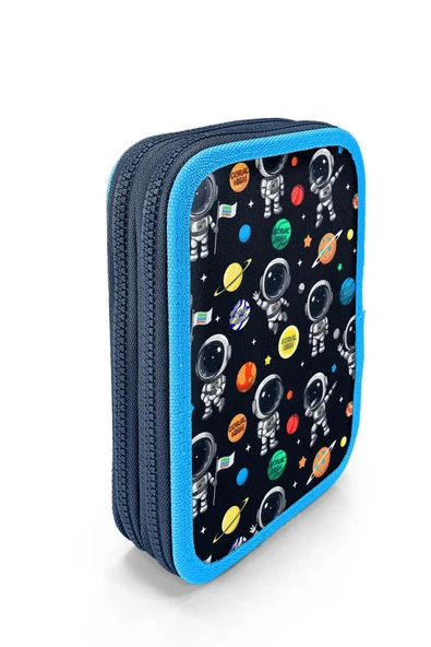 Lacivert Mavi Astronot Desenli Çift Katlı Kalem Çanta Kalemlik Erkek Çocuk - 2