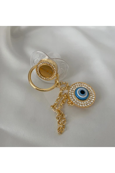 Altın Kaplama Nazar Boncuklu Zirkon Emzik Seti – Maşallah İğnesi & Bebek Künyesi Dahil - 2