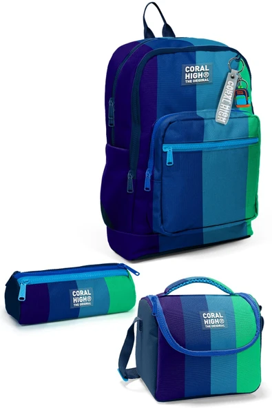 Lacivert Renkli Çizgili 3’lü Okul Çanta Seti Erkek İlköğretim Çantası