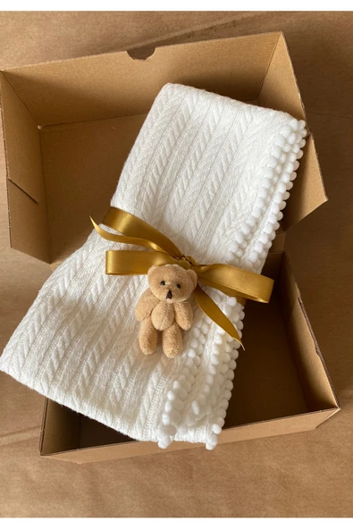 Triko Örgü Desen Bebek Pikesi Organik Pamuk Bebek Battaniyesi Ekru 100x120 Cm - 4