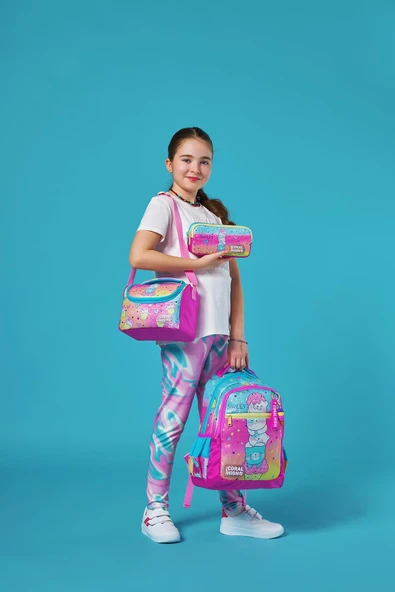 Pembe Renkli Dondurmalı Kedi Desenli 3’lü Okul Çanta Seti Kız Çocuk İlköğretim Çantası - 2