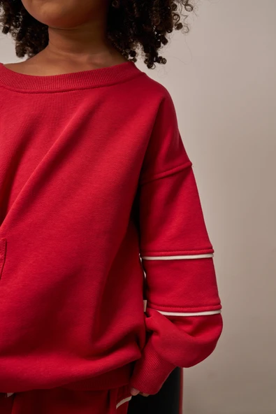 Kırmızı Asimetrik Cep Detaylı Oversize Çocuk Alt Üst Takım - Resim 10