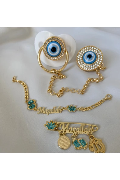 Altın Kaplama Nazar Boncuklu Zirkon Emzik Seti – Maşallah İğnesi & Bebek Künyesi Dahil - 4