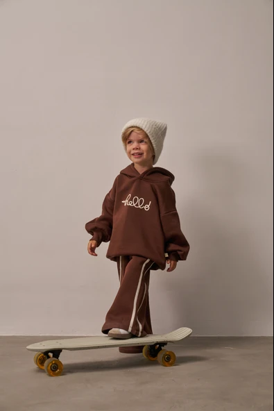 Kahverengi Hello Nakışlı Alt Üst Takım - Resim 6