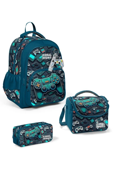 İlköğretim Erkek Çocuk Çanta Nefti Gamer Desenli 3’lü Okul Çanta Seti ürün görseli 1