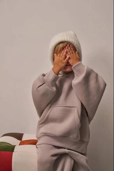 Gri Çocuk Kanguru Cepli Oversize Eşofman Takımı - Resim 4