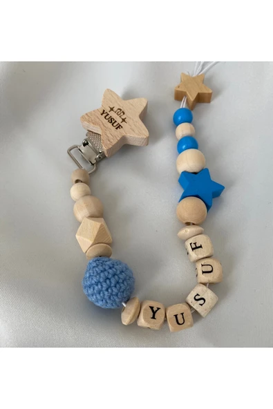 İsimli Emzik Zinciri – Doğal Ahşap Emzik Askısı – El Yapımı Bebek Hediyesi