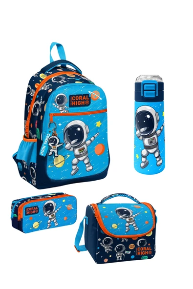 Lacivert Mavi Astronot Desenli 4’lü Okul Çanta Seti Erkek Çocuk İlköğretim Çantası