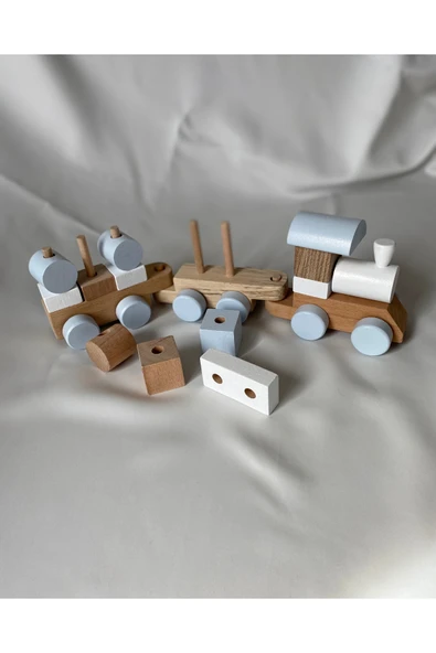 Bebek - Çocuk Ahşap Eğitici Oyuncak Bloklu Tren Bul Tak Puzzle Vagonlu Tren Ahşap Oyuncak Tren - Resim 3