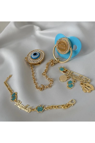 Altın Kaplama Nazar Boncuklu Zirkon Emzik Seti – Maşallah İğnesi & Bebek Künyesi Dahil - 9