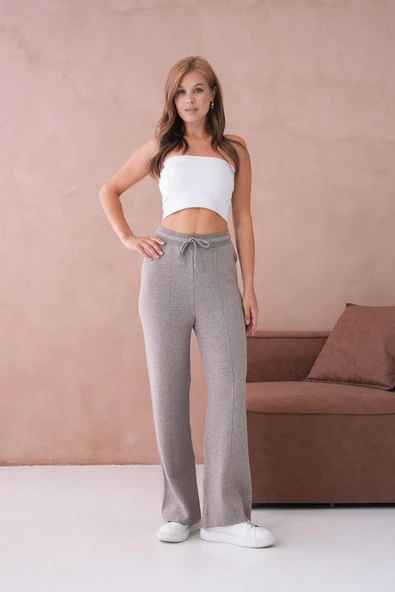 IŞŞIL 10878-Bağlamalı Esnek Palazzo Triko Pantolon