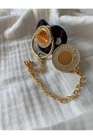 İsme Özel Altın Kaplama Zirkon Taşlı Bebek Emzik Seti (0-6 Ay) | Silikon & Damaklı Siyah Renk