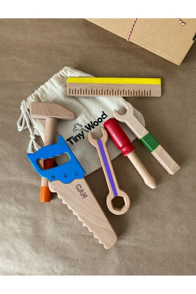 İsme Özel Renkli Ahşap Oyuncak Tamir Seti – Doğal Masif Montessori Oyuncak - Resim 5