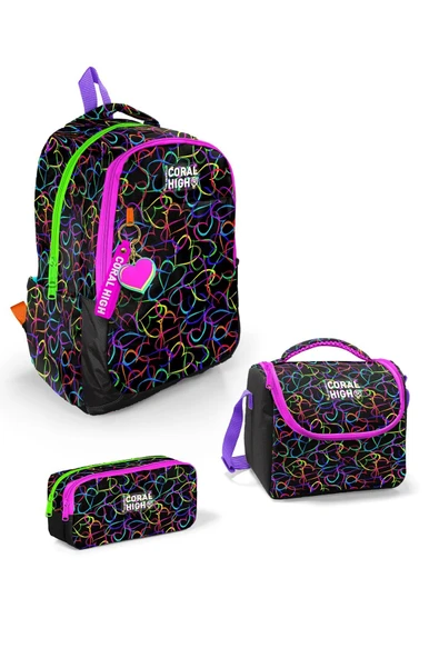 Siyah Renkli Kalp Desenli 3’lü İlköğretim Okul Çanta Seti