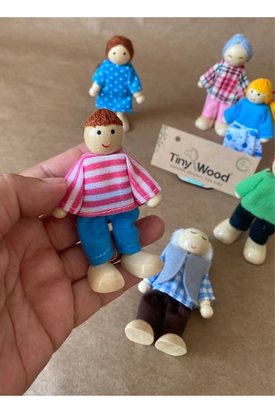 Ahşap Kukla Aile Seti 6'lı – Montessori Eğitim Oyuncağı, Oyun Evi Figürleri - Resim 6