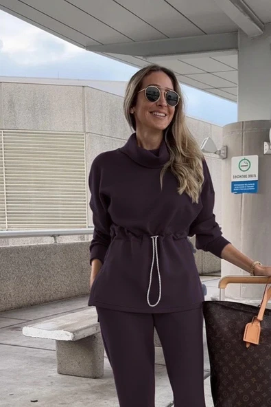 Kadın Uzun Kollu Balıkçı Yaka Belden Lastikli Modal Bluz Ve Pantolon Ikili Takım - Resim 2