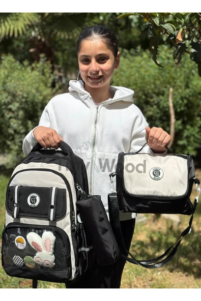 Kawaii Kore Tarzı Aksesuarlı Ve Ergonomik Okul Sırt Çantası Siyah-Bej-Gri| Beslenme, Kalemlik Set - 4