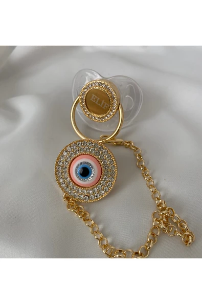 Altın Kaplama İsimli Zirkon Taşlı Silikon Emzik Seti (0-6 Ay) – Damaklı & Kişiye Özel Şeffaf - 3