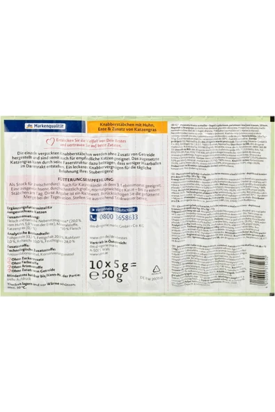 Dein Bestes Alman Kalitesi- Stick Kedi Ödülü- Tavuk, Ördek ve Kedi otlu- 20 adet- 100 gr - Resim 2