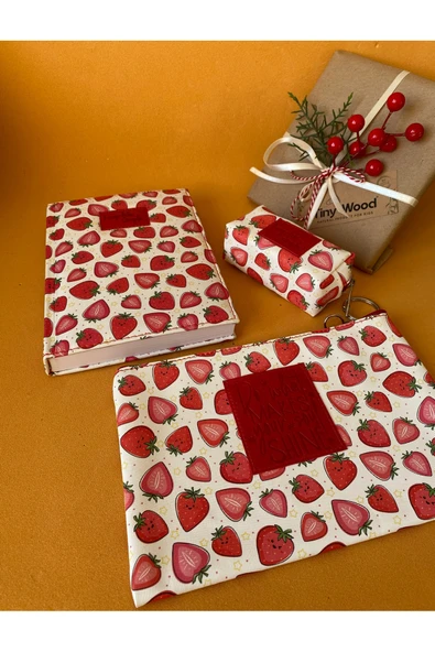 Çilek-Baykuş Desenli Deri Kaplı Defter Seti | 14x20 cm Çizgili Defter - 4