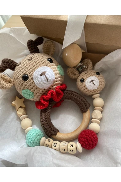 Bebek Hediyelik Geyik Emzik Zinciri Çıngırak, Yenidoğan Kız Bebek Isimli Emzik Hediye Seti - Resim 2