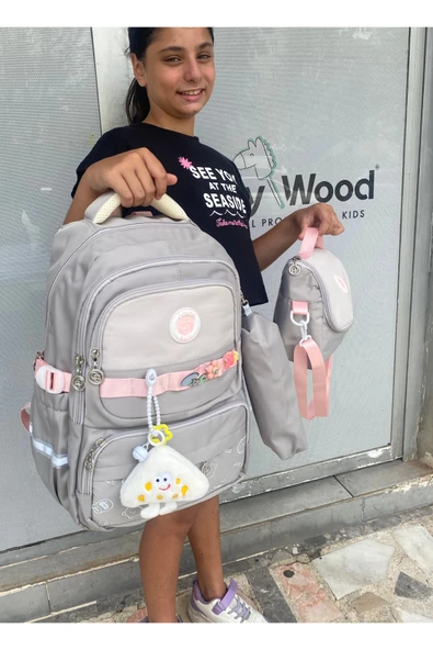 Kız Çocuk İlköğretim Çantası Ultra Hafif ilkokul / Ortaokul Okul 3 lü Çanta Seti Pembe-Lila -Gri - 11