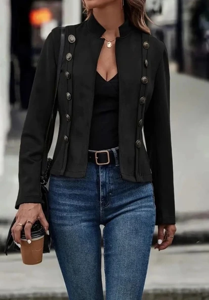 MDB Kadın Uzun Kollu Hakim Yaka Yanlardan Düğmeli Kısa Süet Ceket ürün görseli