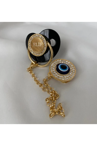 Altın Kaplama İsimli Zirkon Taşlı Silikon Emzik Seti (0-6 Ay) – Damaklı & Kişiye Özel Siyah