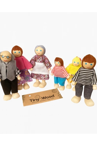 Ahşap Kukla Aile Seti 6'lı – Montessori Eğitim Oyuncağı, Oyun Evi Figürleri - Resim 2