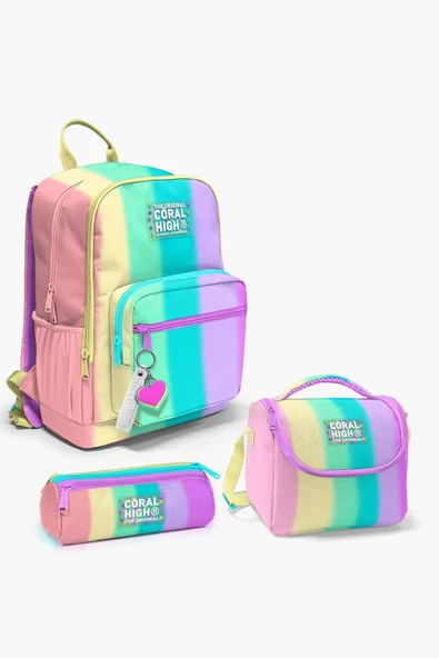 Renkli Çizgili Desenli 3’lü Okul Çanta Seti İlköğretim Çantası Kız Çocuk ürün görseli 1