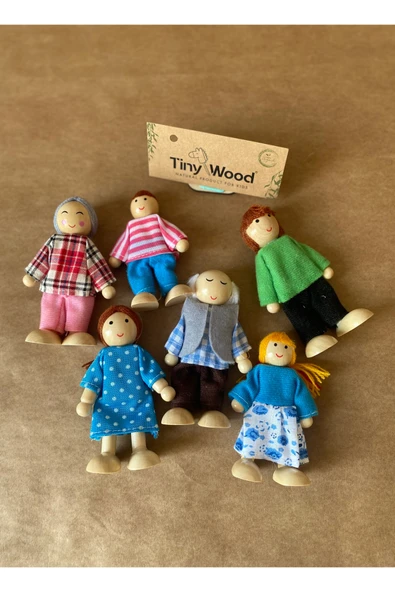 Ahşap Kukla Aile Seti 6'lı – Montessori Eğitim Oyuncağı, Oyun Evi Figürleri - Resim 3