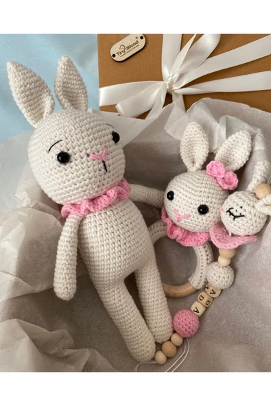 Amigurumi Tavşancık Hediyelik Yenidoğan 3 Lü Set, Kız Bebek Hoşgeldin Bebek Hediye Seti - 4