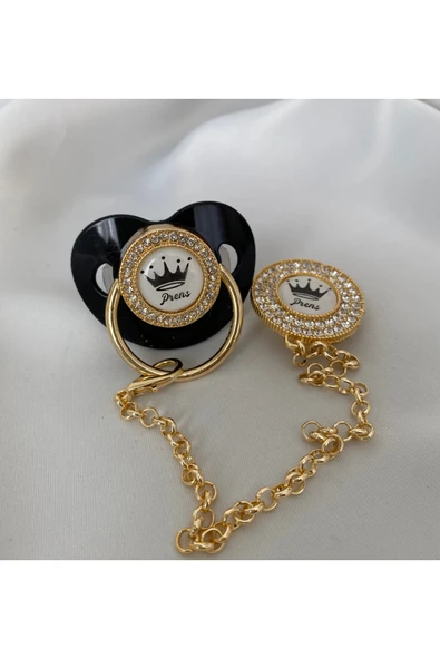 Altın Kaplama “Prens ” Yazılı Emzik Seti – Zirkon Taşlı Pembe Emzik ve Zincir - 2