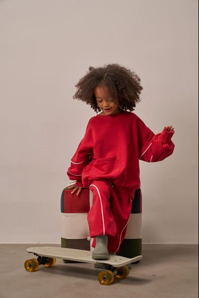 Kırmızı Asimetrik Cep Detaylı Oversize Çocuk Alt Üst Takım - Resim 6