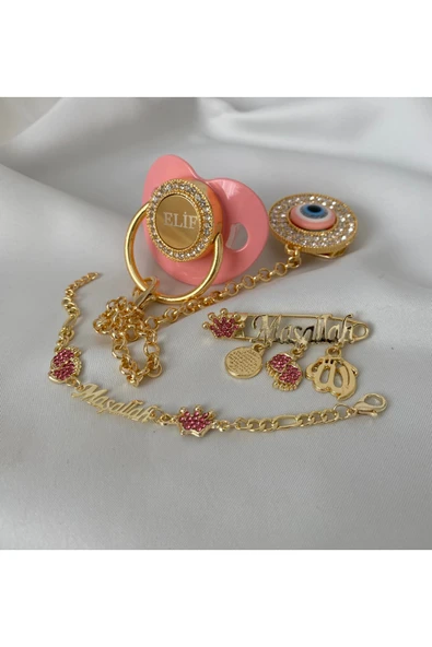 Altın Kaplama Nazar Boncuklu Zirkon Emzik Seti – Maşallah İğnesi & Bebek Künyesi Dahil - 11