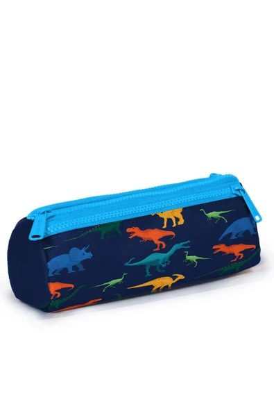 Kids Lacivert Mavi Dinozor Desenli Üç Bölmeli Kalem Çantası - 3