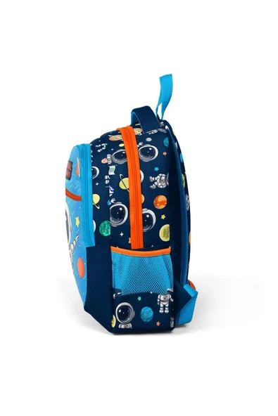 Lacivert Mavi Astronot Desenli Üç Bölmeli Okul Sırt Çantası İlköğretim Çantası - 3